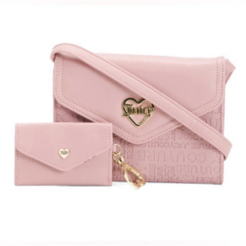 NWT Juicy Couture Taffy Pink Crossbody & Card Case Set Heart Logo Gift Box